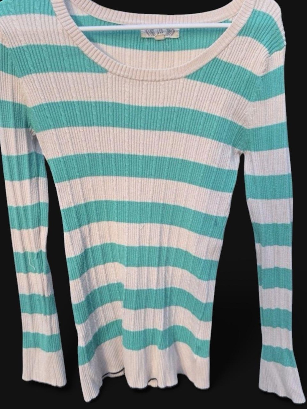 Pink Rose Scoop Neck Ribbed Sweater - Mint and Cream Stripes